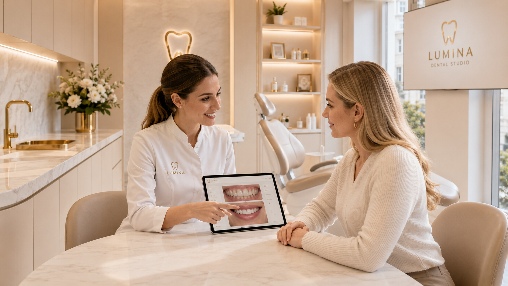 Dentist guiding a patient through a consultation booking