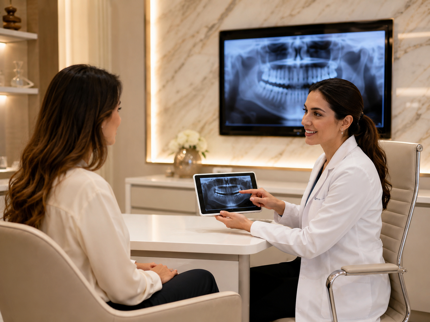 Dentist showing digital X-rays to a patient
